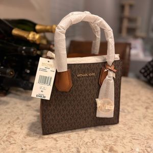 Michael Kors Brown Mercer Medium Logo and Leather Accordion Crossbody Bag